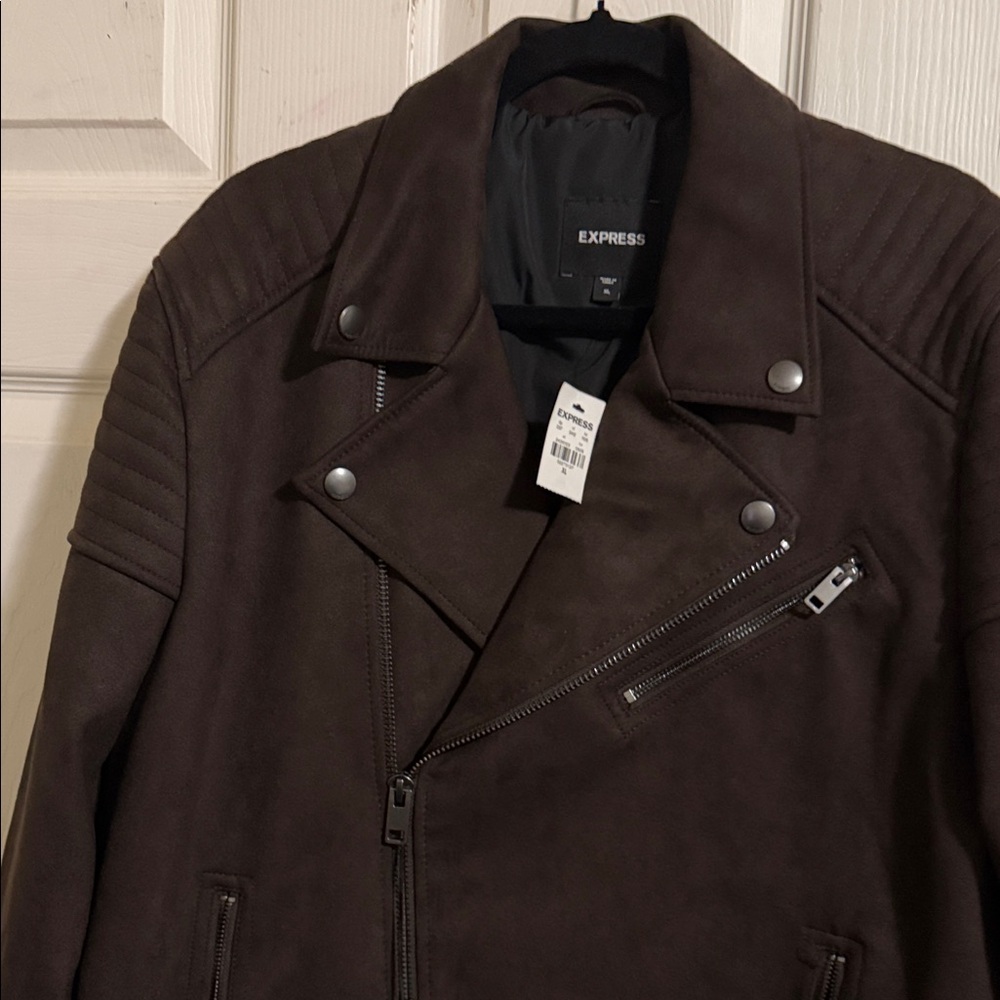 Express Men’s Dark Brown Suede Bomber-Style Moto Jacket